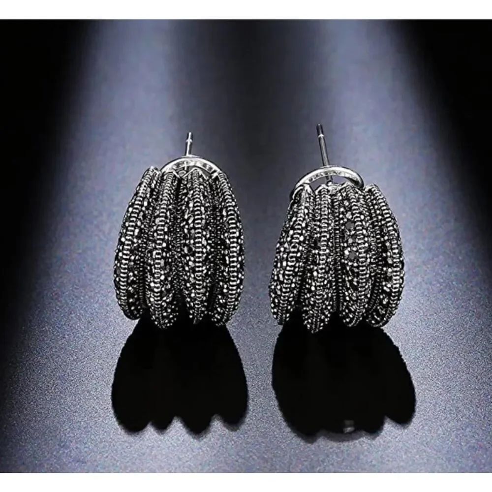 Sparkling Silver Wide Marcasite Gemstone Wave "J" Hoop Leverback Earrings - Picture 3 of 6